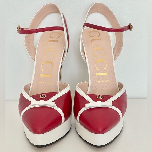 Gucci Alison Leather Platform Pumps in Red And White - Picture 2 of 5